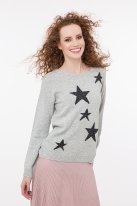 Дамски пуловер на звезди сиво с черно