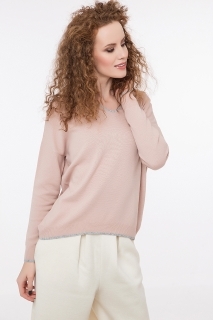 Дамски пуловер с контрастни биета розов със сиво ламе