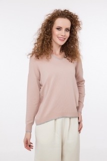 Дамски пуловер с контрастни биета розов със сиво ламе