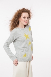 Дамски пуловер на звезди сиво със зелено