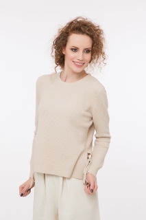 Дамски пуловер със странични цепки и вързанки беж