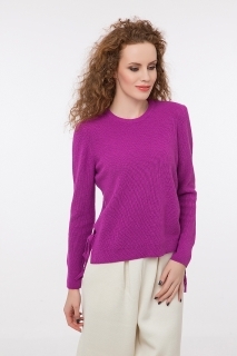 Дамски пуловер със странични цепки и вързанки фуксия