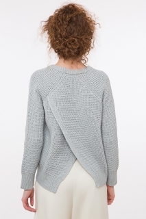 Дамски пуловер с отвор гръб сив