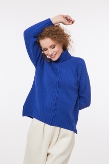 Дамски пуловер с висока яка 90 %  вълна 10% кашмир  син 